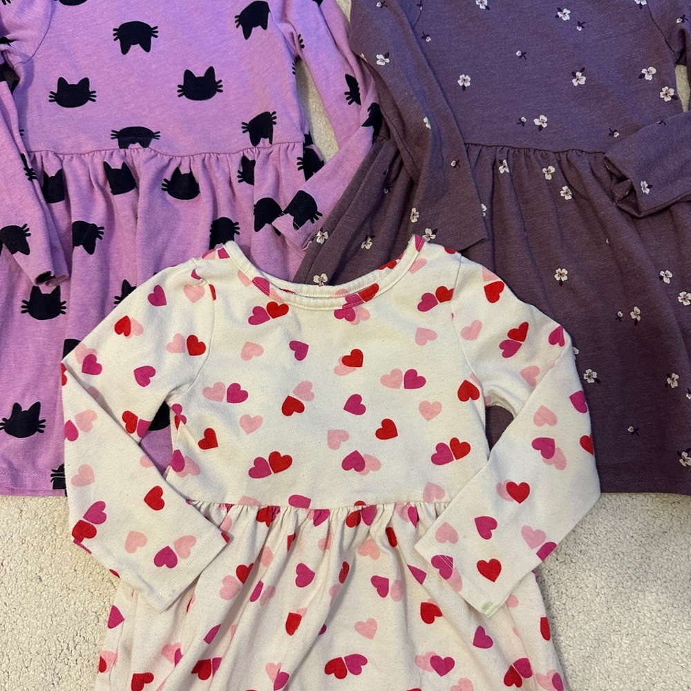 Cat & Jack Set of 3 Long Sleeve Dresses with Heart and Cat Patterns Sz 3T